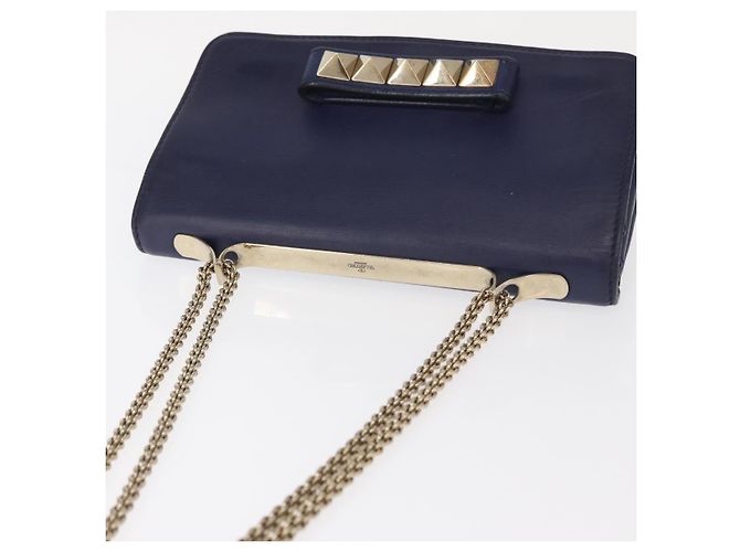 VALENTINO Bolso de Hombro de Cuero con Cadena y Estrellas Azul Marino Dorado Auth BA8756 - vista 6