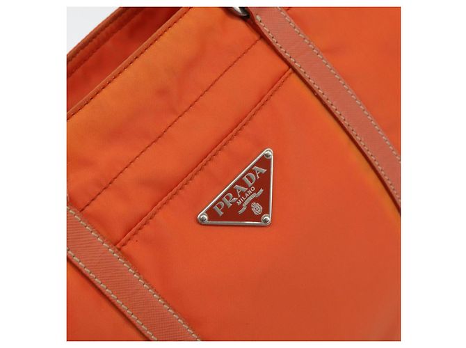 Borsa Tote PRADA in nylon e pelle arancione argento Auth gh1423 - vista 18