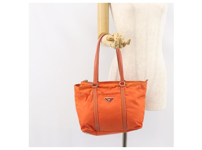 Borsa Tote PRADA in nylon e pelle arancione argento Auth gh1423 - vista 24