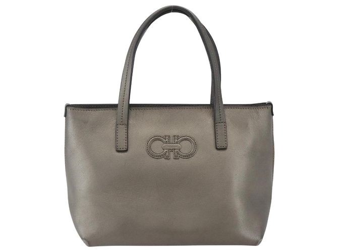 Borsa a mano in pelle Gancini Salvatore Ferragamo Argento Auth BA9175 - vista 13