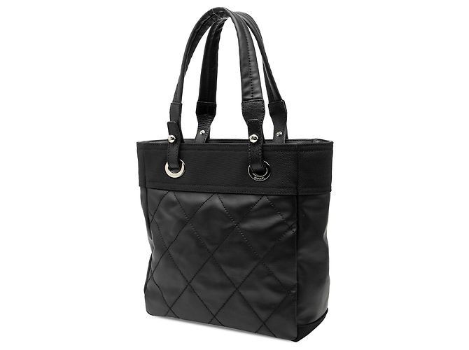 Chanel Schwarze Kleine Gesteppte Beschichtete Canvas Paris Biarritz Tote - Ansicht 2