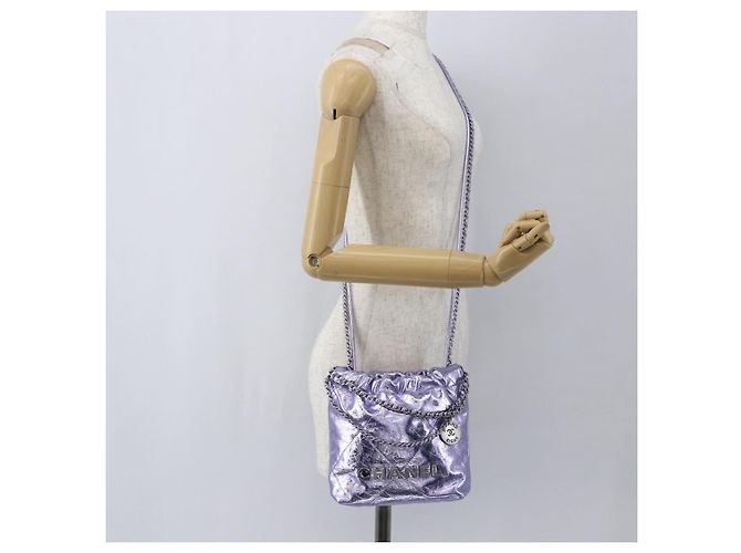 CHANEL Catena Chanel 22 Mini Borsa a Mano Pelle 2in1 Viola CC Auth 158680SM Porpora - vista 25