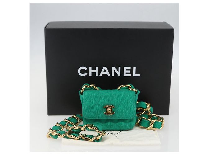 CHANEL Mini Matelassé 11 Borsa a Spalla Catena Tela Verde Oro CC Auth 158908SM D'oro - vista 12