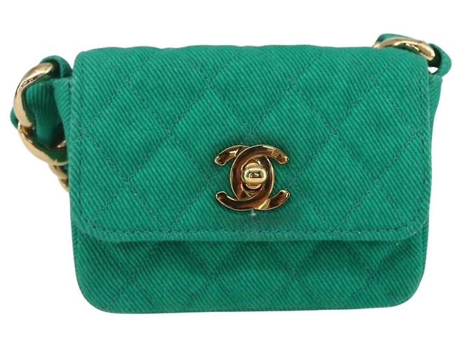 CHANEL Mini Matelassé 11 Borsa a Spalla Catena Tela Verde Oro CC Auth 158908SM D'oro - vista 13