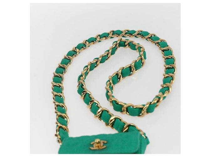 CHANEL Mini Matelassé 11 Borsa a Spalla Catena Tela Verde Oro CC Auth 158908SM D'oro - vista 14