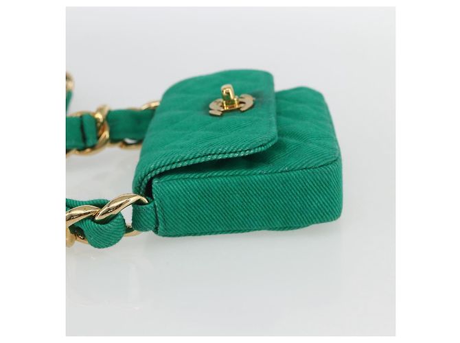 CHANEL Mini Matelassé 11 Borsa a Spalla Catena Tela Verde Oro CC Auth 158908SM D'oro - vista 3
