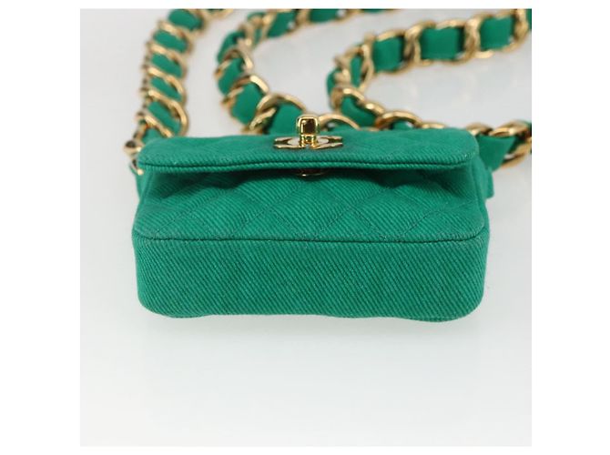 CHANEL Mini Matelassé 11 Borsa a Spalla Catena Tela Verde Oro CC Auth 158908SM D'oro - vista 5