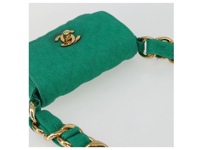 CHANEL Mini Matelassé 11 Borsa a Spalla Catena Tela Verde Oro CC Auth 158908SM D'oro - vista 6