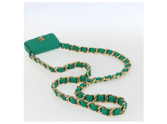 CHANEL Mini Matelassé 11 Borsa a Spalla Catena Tela Verde Oro CC Auth 158908SM D'oro - vista 7