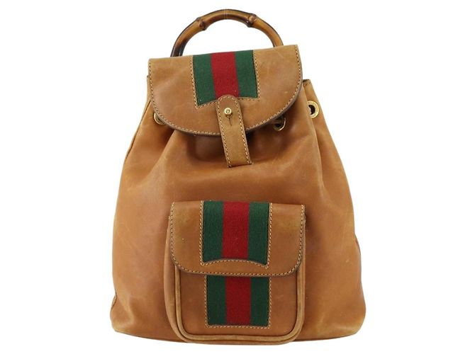 GUCCI Bamboo Web Sherry Line Backpack Leather Brown Red Auth 151581 - view 13