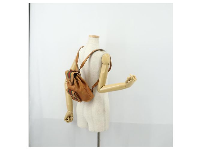 GUCCI Bamboo Web Sherry Line Backpack Leather Brown Red Auth 151581 - view 28