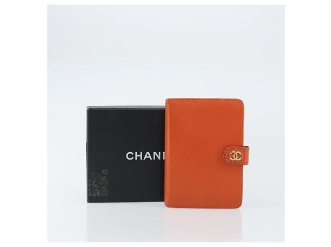 Cubierta de Planificador CHANEL Cuero Naranja Oro CC Auth fm4997 Dorado - vista 12