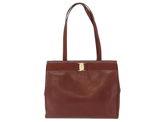 Bolsa Tote Vala de Couro Marrom e Ouro Auth BA8853 da Salvatore Ferragamo - vista 13