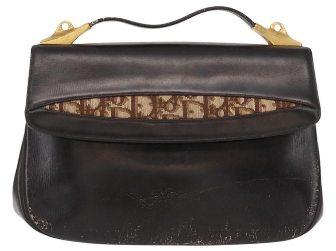 Borsa a mano in tela Trotter Christian Dior in pelle marrone e oro Auth 156377 - vista 13