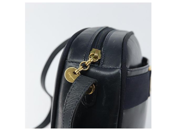 Bolso de Hombro Salvatore Ferragamo Vala de Cuero Azul Marino Dorado Auth BA8897 - vista 10