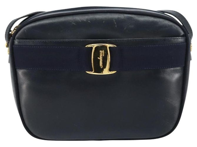 Bolso de Hombro Salvatore Ferragamo Vala de Cuero Azul Marino Dorado Auth BA8897 - vista 13