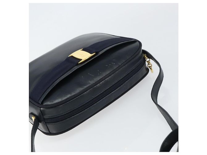Bolso de Hombro Salvatore Ferragamo Vala de Cuero Azul Marino Dorado Auth BA8897 - vista 6