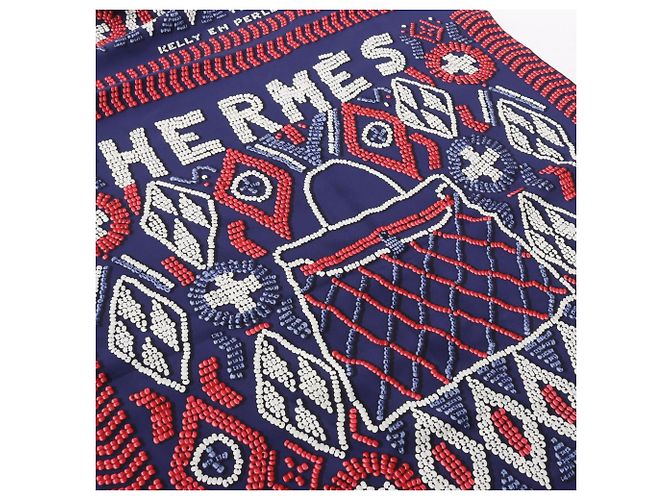 Foulard in seta Hermès Carré Jean 140 Kelly in Perle Bianco Rosso Blu navy - vista 6