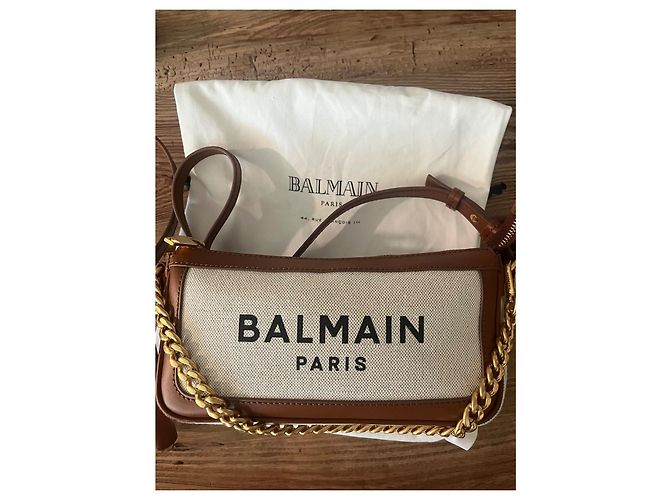 Autre Marque Bolsa transversal Balmain B-Army em lona e couro creme e marrom - vista 10