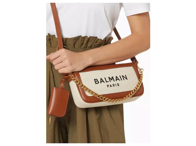 Autre Marque Bolsa transversal Balmain B-Army em lona e couro creme e marrom - vista 12