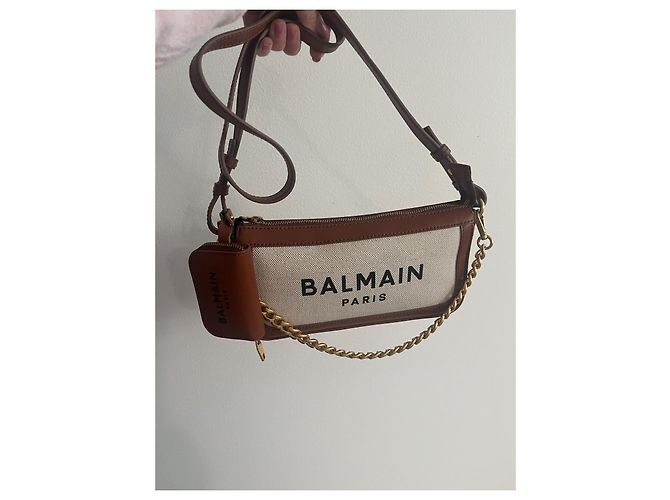 Autre Marque Bolsa transversal Balmain B-Army em lona e couro creme e marrom - vista 3