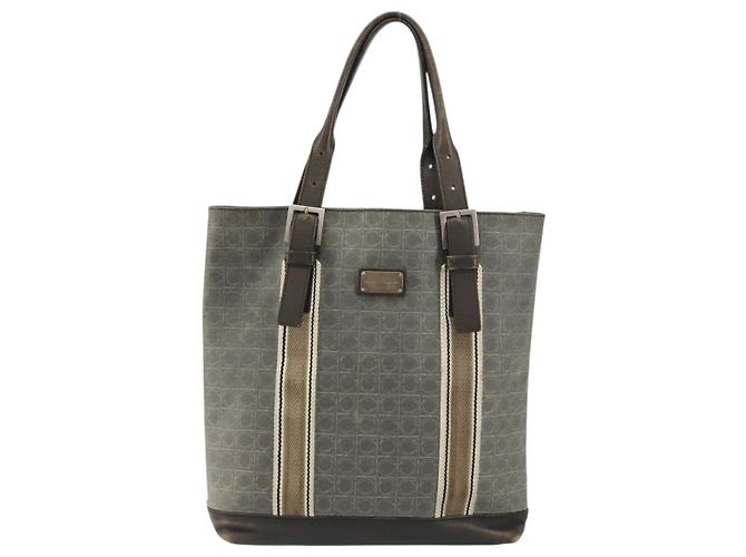 Borsa Tote Gancini in Pelle Marrone Argento Auth 156802 di Salvatore Ferragamo - vista 13