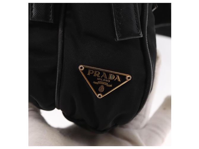 Borsa a Spalla PRADA in Nylon Pelle Nera Oro Auth ki6206 Nero D'oro - vista 19