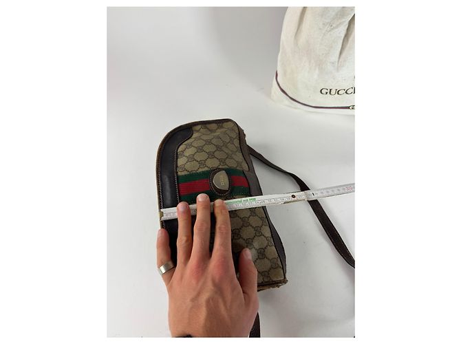 Vintage Gucci Monogramm Schultertasche grau braun - Ansicht 10
