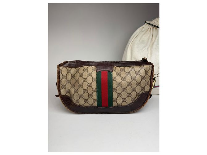 Vintage Gucci Monogramm Schultertasche grau braun - Ansicht 13