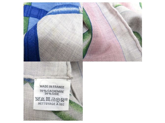 Chal de seda y cachemira Hermès Rosa Blanco Azul claro - vista 10
