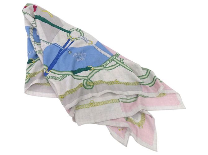 Chal de seda y cachemira Hermès Rosa Blanco Azul claro - vista 7