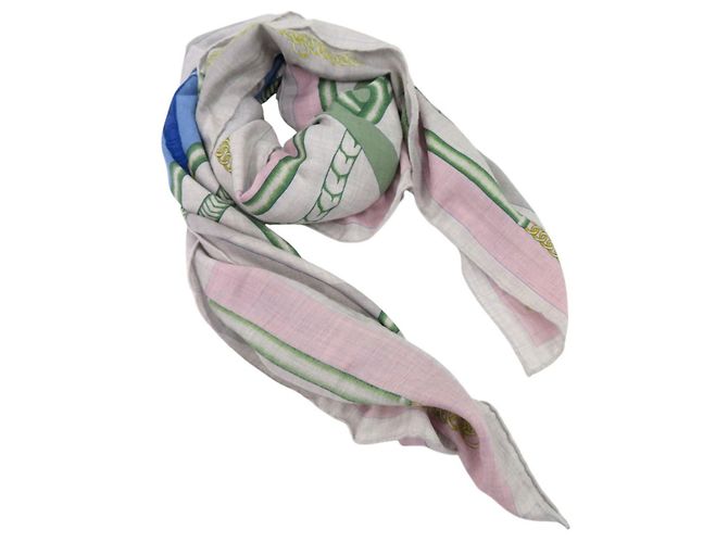 Chal de seda y cachemira Hermès Rosa Blanco Azul claro - vista 8