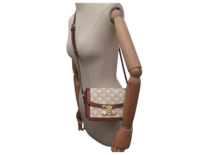 Céline NUOVA BORSA A MANO CELINE TRIOMPHE TEEN 188882 CANVAS E PELLE DI VITELLO Beige - vista 5