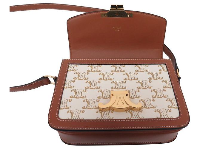 Céline NUOVA BORSA A MANO CELINE TRIOMPHE TEEN 188882 CANVAS E PELLE DI VITELLO Beige - vista 8