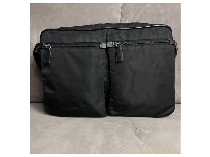 Bolsa de ombro para laptop em nylon Saffiano Tessuto com logo triangular Prada Preto - vista 2
