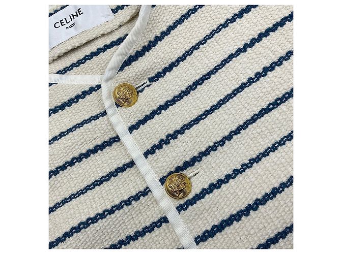 Céline Giacca Rigata in Cotone e Lino Crema Navy Beige - vista 4