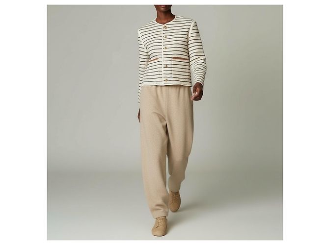 Céline Giacca Rigata in Cotone e Lino Crema Navy Beige - vista 9