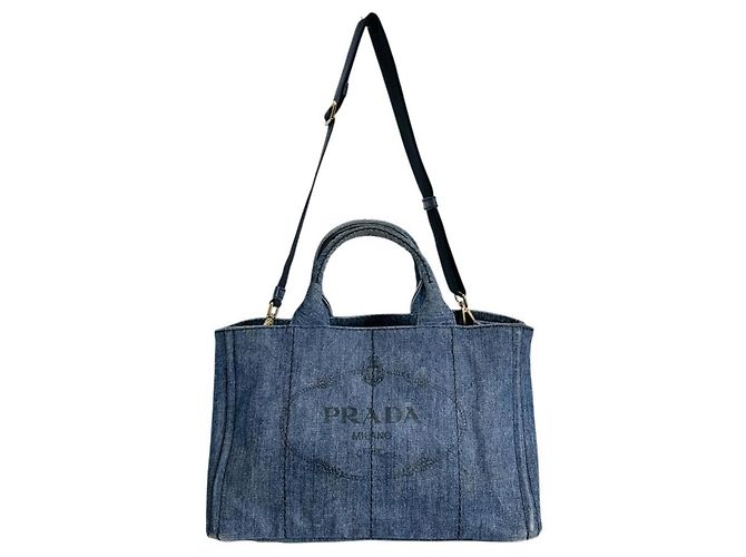 Borsa Tote Canapa Prada in denim blu - vista 2