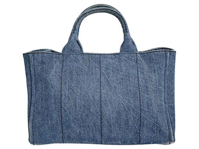 Borsa Tote Canapa Prada in denim blu - vista 3