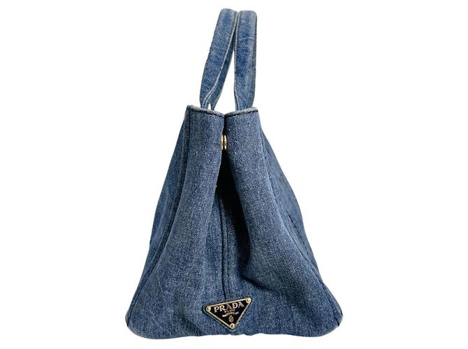 Borsa Tote Canapa Prada in denim blu - vista 4