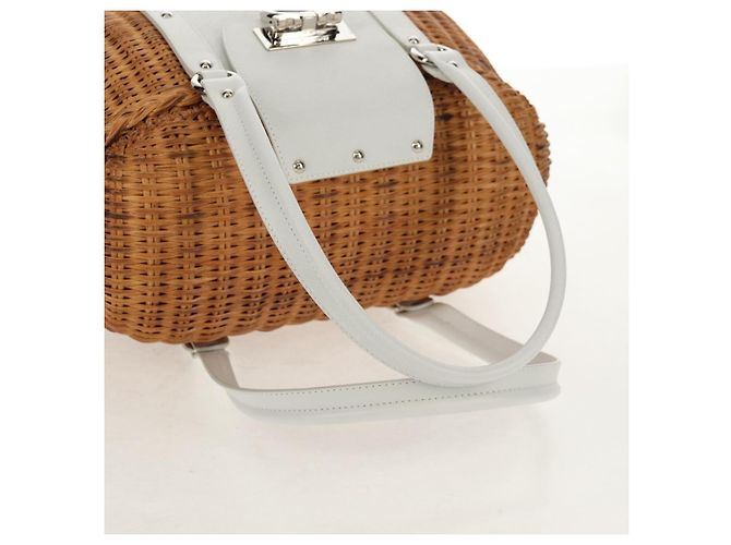 Borsa a Mano Gancini Salvatore Ferragamo Rattan Beige Argento Auth 159168V - vista 7