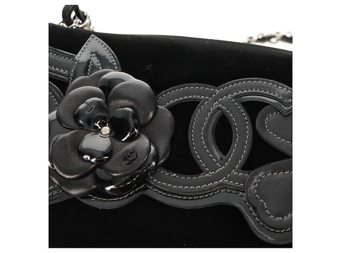 Bolso de Hombro CHANEL Chain Camellia No.5 Terciopelo Negro Plata CC Auth 159584V - vista 16