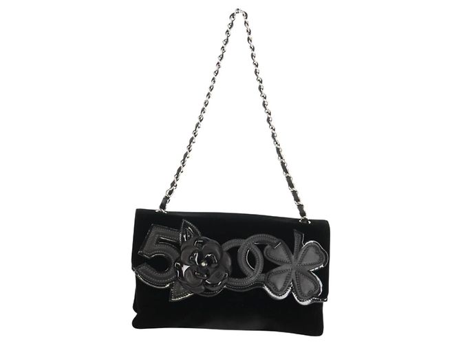 Bolso de Hombro CHANEL Chain Camellia No.5 Terciopelo Negro Plata CC Auth 159584V - vista 2