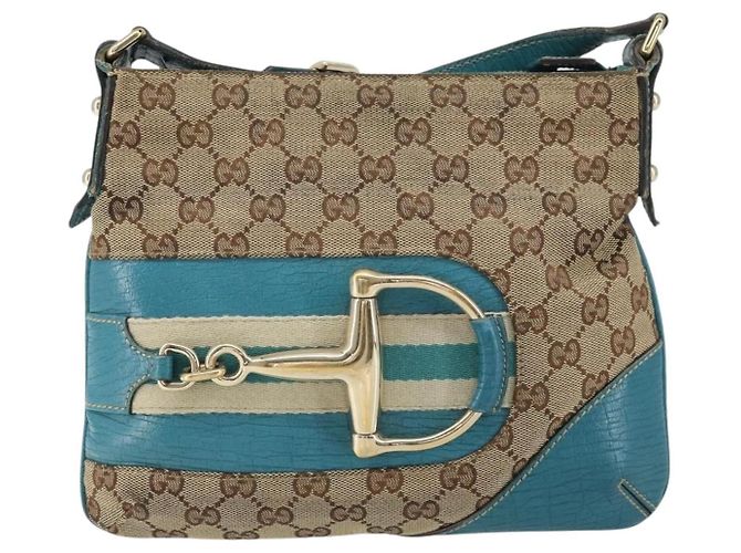 Borsa a Spalla GG Canvas GUCCI Beige Turchese Blu Oro 141506 Auth BA9062 D'oro - vista 2