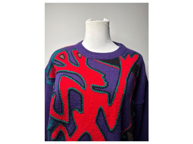 Autre Marque Pull en laine vintage Kansai abstrait violet rouge vert M - vue 12