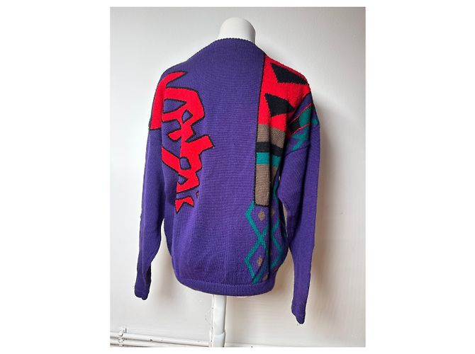 Autre Marque Pull en laine vintage Kansai abstrait violet rouge vert M - vue 13