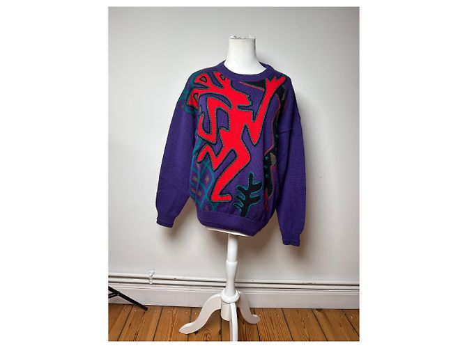 Autre Marque Pull en laine vintage Kansai abstrait violet rouge vert M - vue 2
