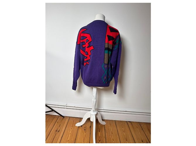 Autre Marque Pull en laine vintage Kansai abstrait violet rouge vert M - vue 4