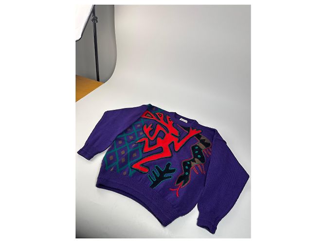 Autre Marque Pull en laine vintage Kansai abstrait violet rouge vert M - vue 7