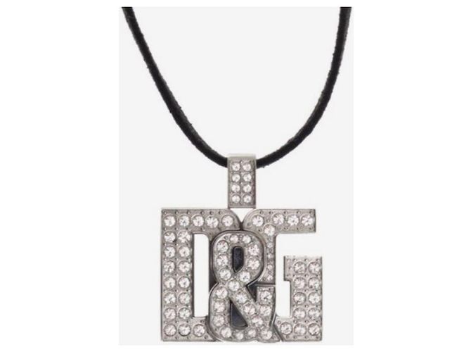 Iconico collier DOLCE & GABBANA “Overlap” cordino camoscio nero e sawarovski Argento - vista 2